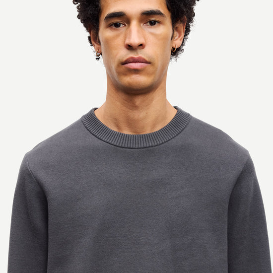 dark grey crew neck jumper from samsoe samsoe close up