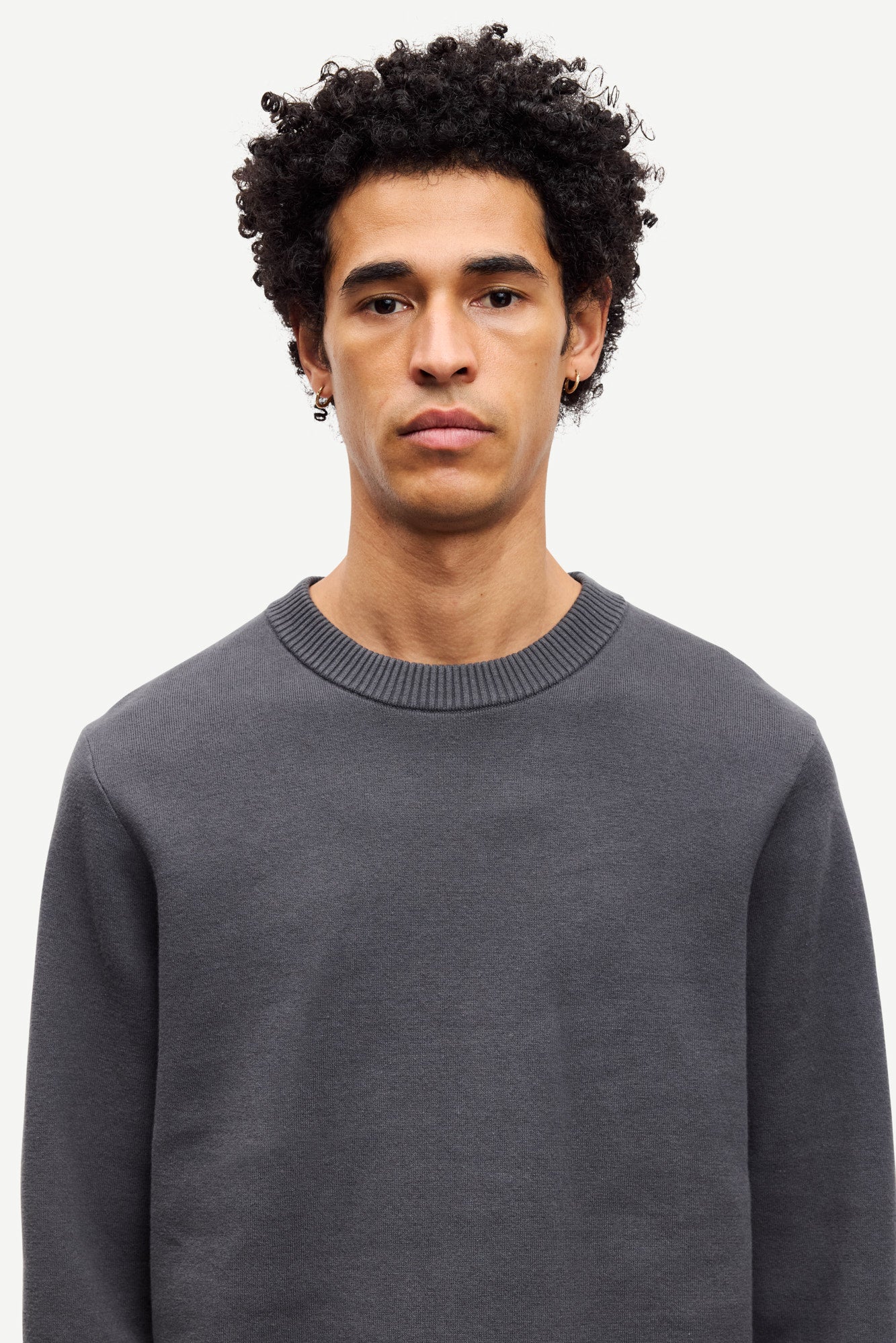 dark grey crew neck jumper from samsoe samsoe close up