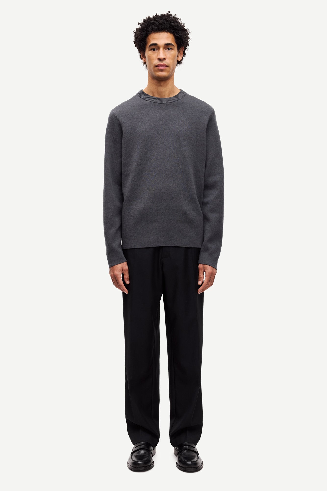 dark grey crew neck jumper from samsoe samsoe model shot