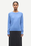 blue round neck jumper with ribbed neck, cuffs and hem from samsoe samsoe model shot