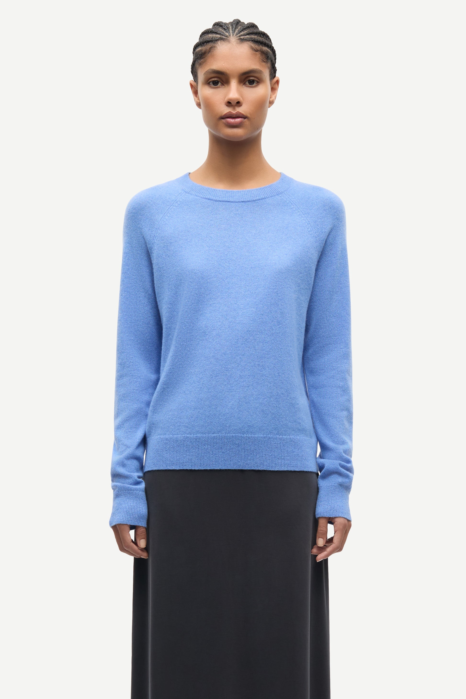 blue round neck jumper with ribbed neck, cuffs and hem from samsoe samsoe model shot