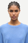 blue round neck jumper with ribbed neck, cuffs and hem from samsoe samsoe close up