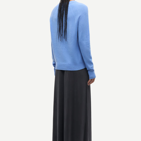 blue round neck jumper with ribbed neck, cuffs and hem from samsoe samsoe rearview