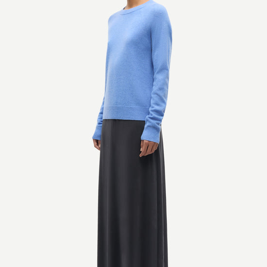 blue round neck jumper with ribbed neck, cuffs and hem from samsoe samsoe side view