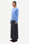 blue round neck jumper with ribbed neck, cuffs and hem from samsoe samsoe side view