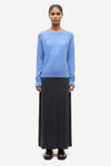 blue round neck jumper with ribbed neck, cuffs and hem from samsoe samsoe model shot