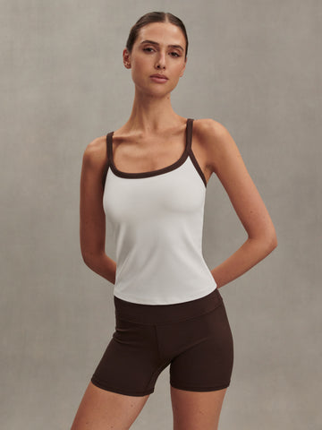 white ribbed tank top with chocolate brown straps/edging from varley