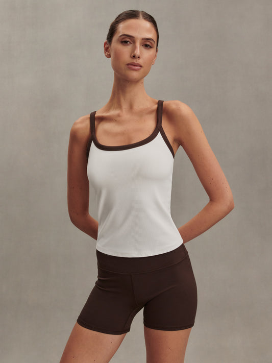 white ribbed tank top with chocolate brown straps/edging from varley