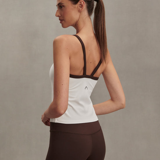 white ribbed tank top with chocolate brown straps/edging from varley rear view
