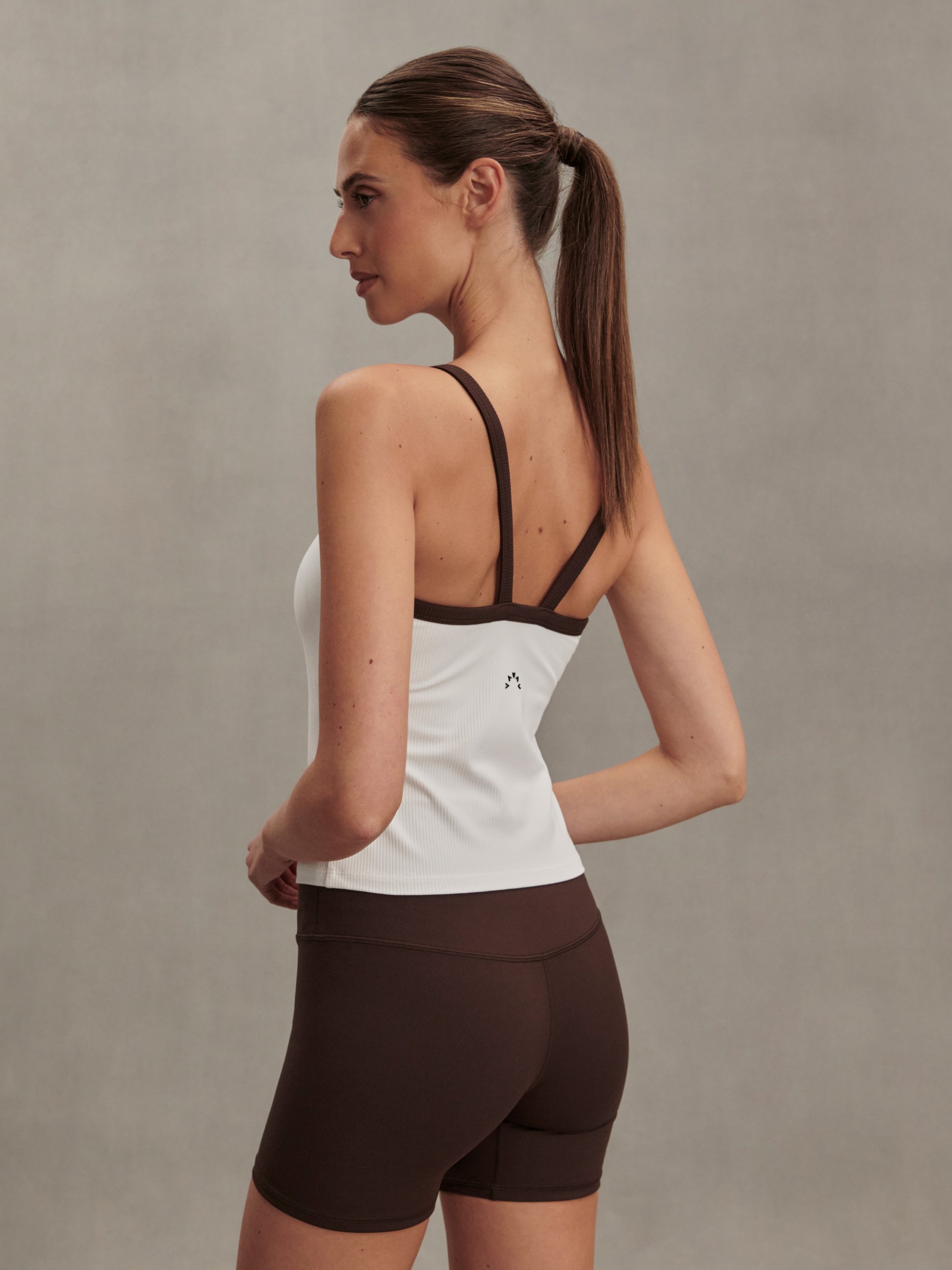 white ribbed tank top with chocolate brown straps/edging from varley rear view