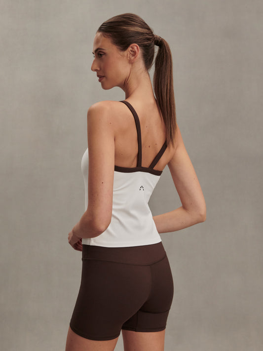 white ribbed tank top with chocolate brown straps/edging from varley rear view