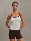 white ribbed tank top with chocolate brown straps/edging from varley model shot