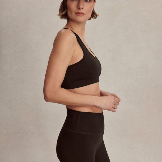 chocolate brown cycling shorts with high rise from varley side view