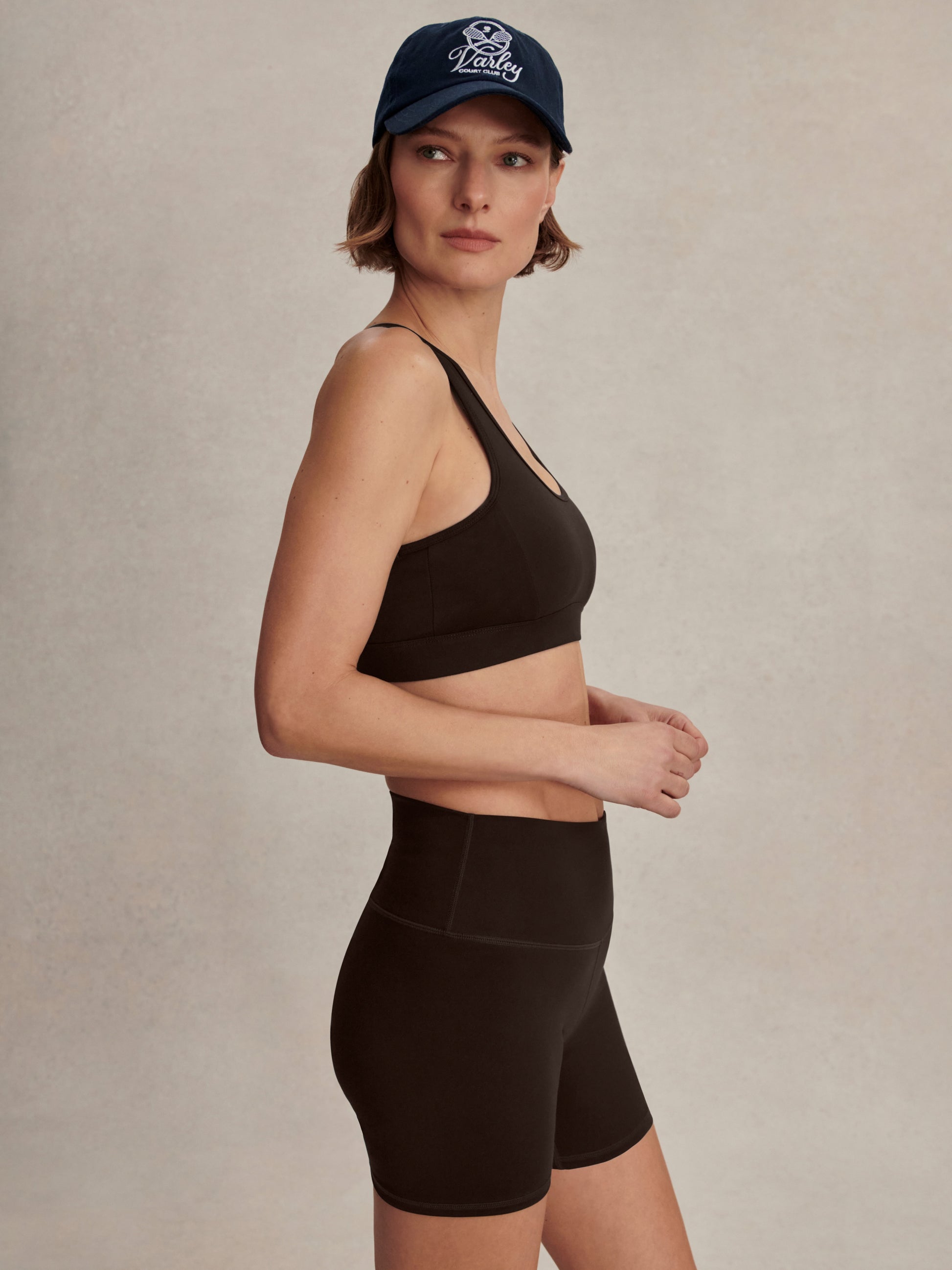 chocolate brown cycling shorts with high rise from varley side view