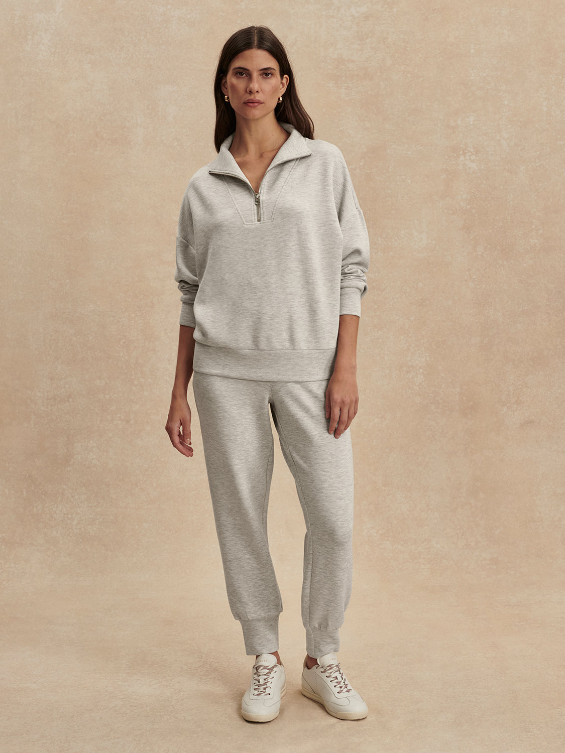 light grey marl half zip sweatshirt from varley model shot
