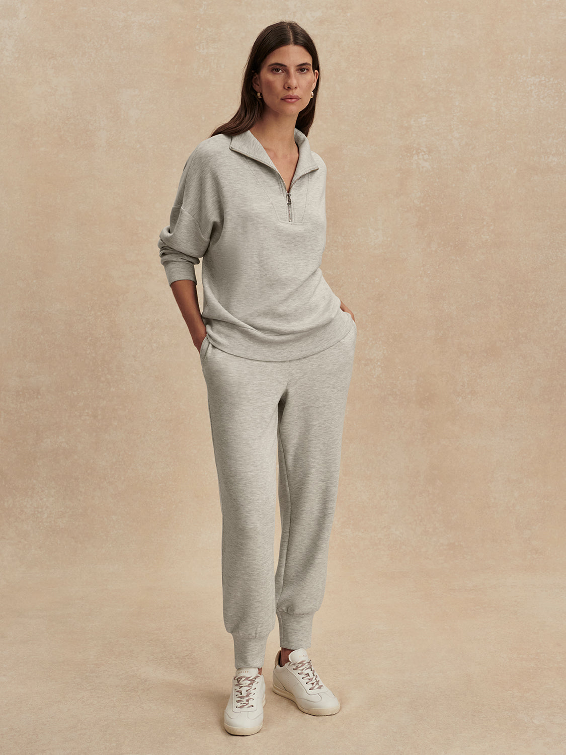 light grey marl half zip sweatshirt from varley model shot