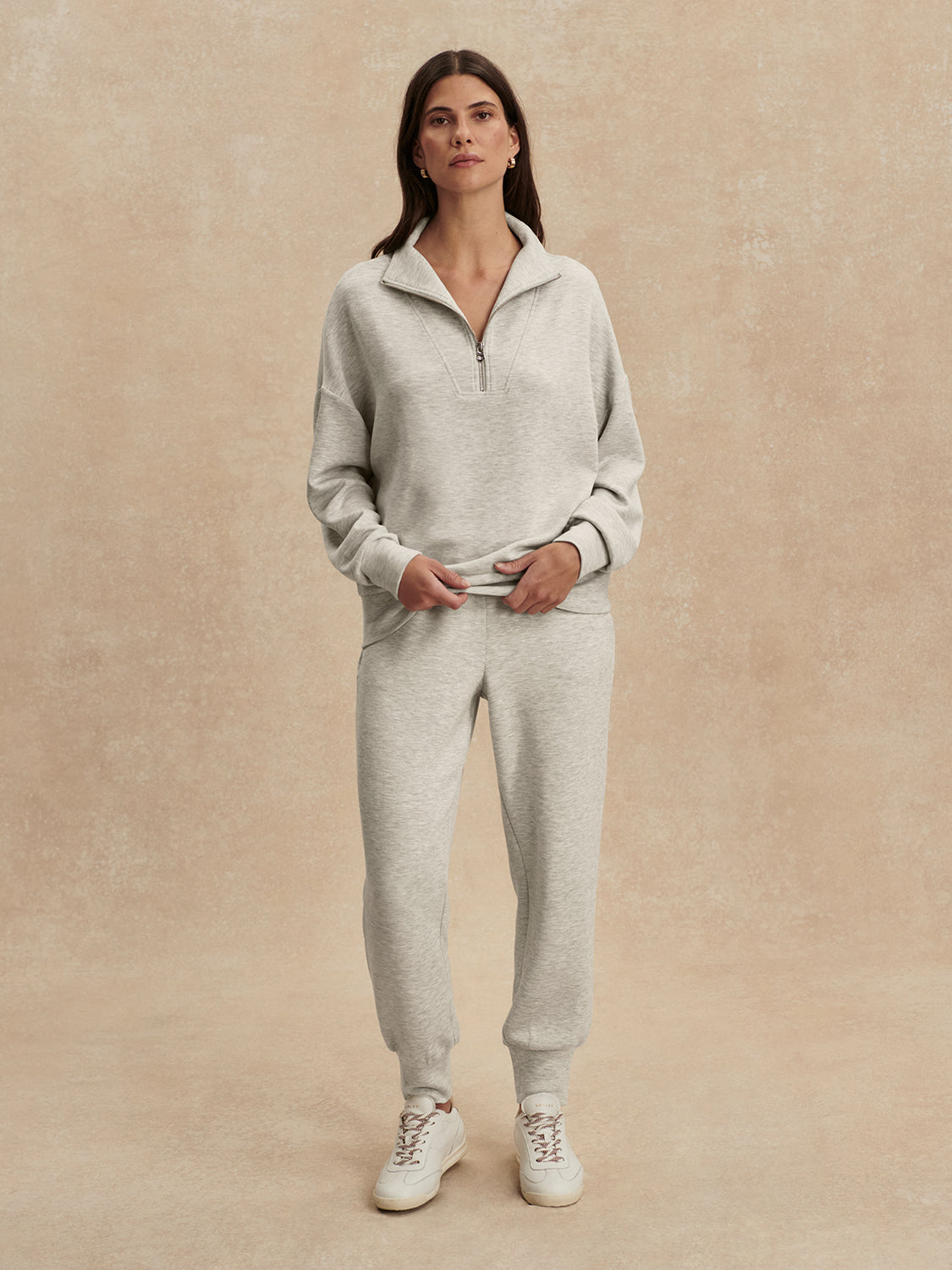 light grey marl half zip sweatshirt from varley model shot