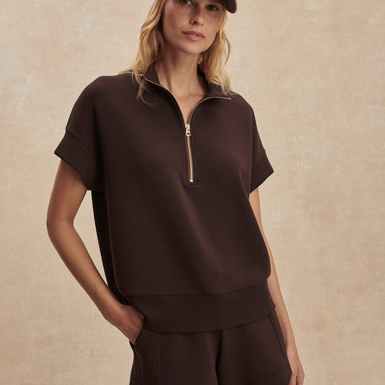 short sleeve chocolate brown sweatshirt with half zip from varley
