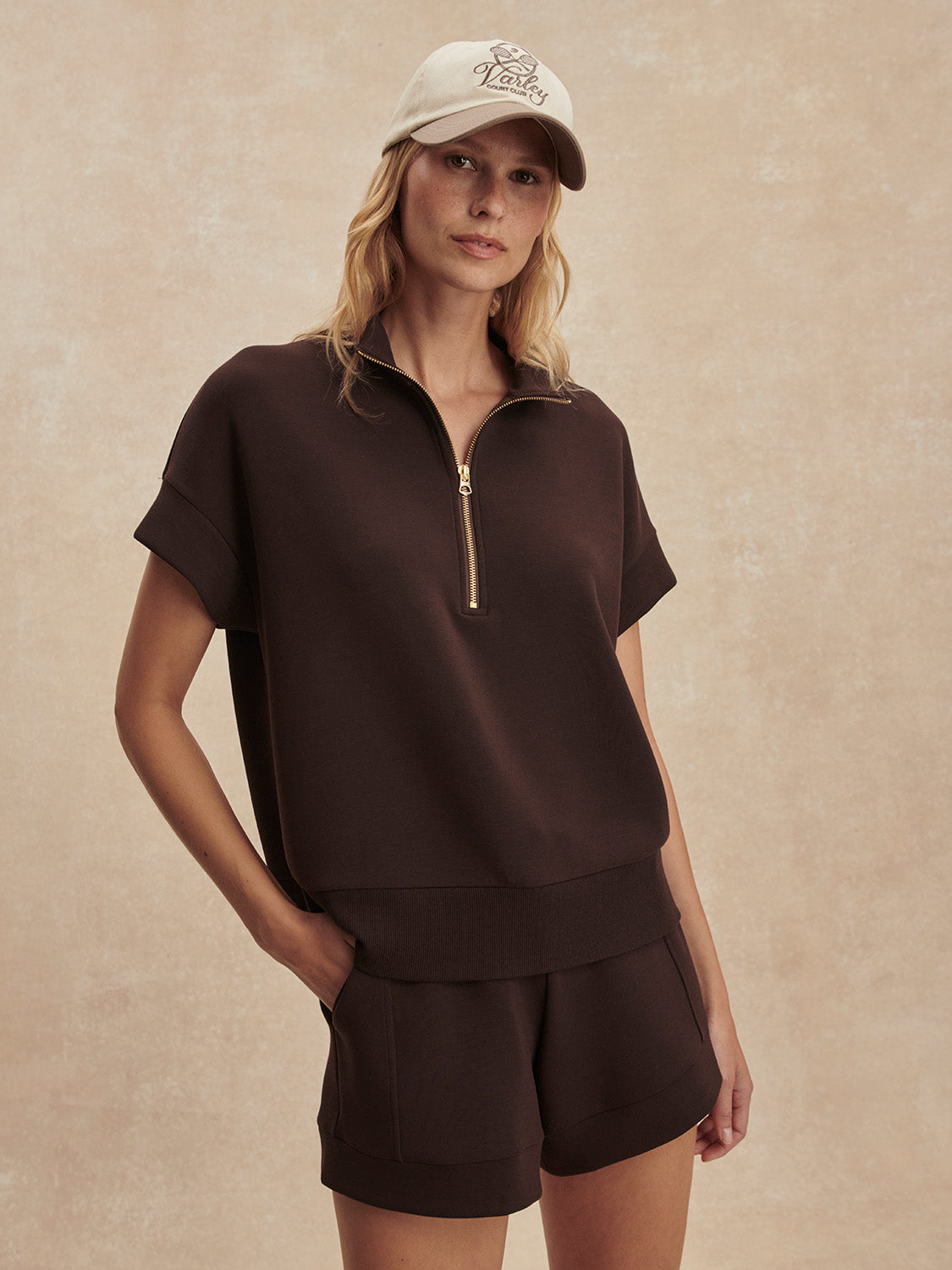 short sleeve chocolate brown sweatshirt with half zip from varley