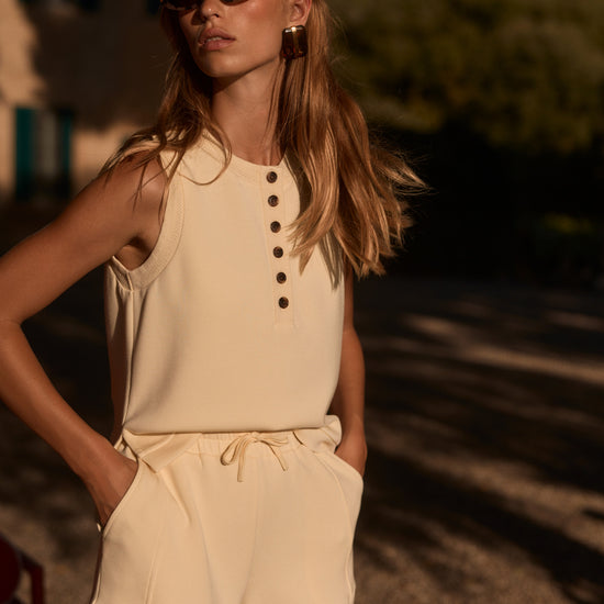 pale yellow soft shorts with elasticated waistband from varley model shot