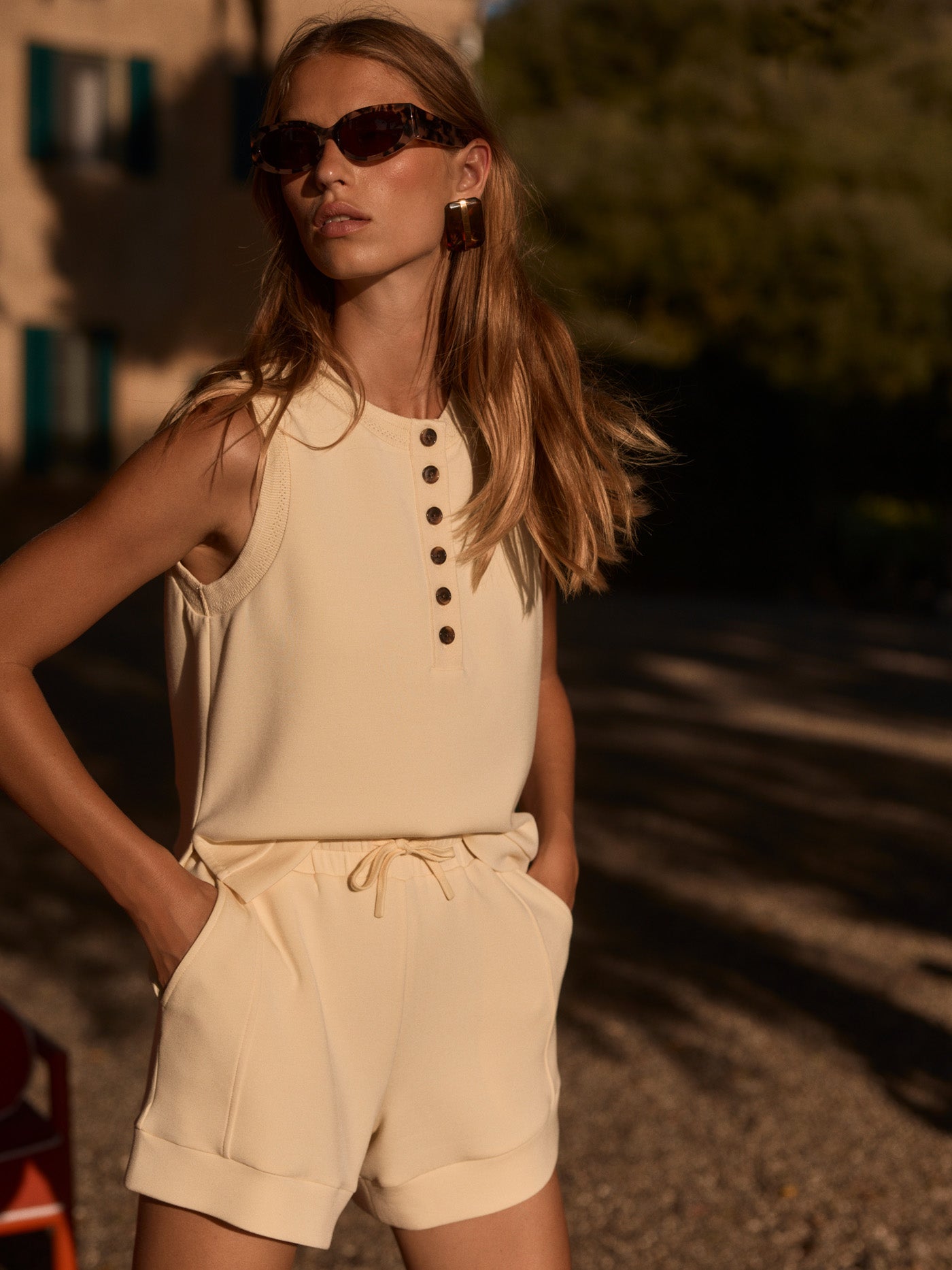 pale yellow soft shorts with elasticated waistband from varley model shot