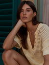v neck crochet knit short sleeve pale yellow jumper from varley close up