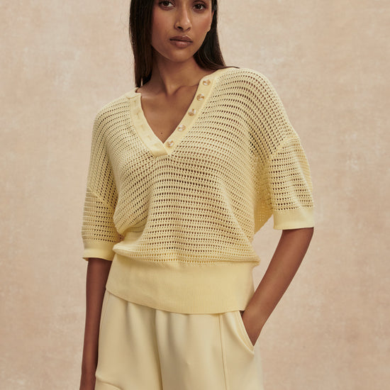 v neck crochet knit short sleeve pale yellow jumper from varley