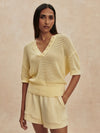 v neck crochet knit short sleeve pale yellow jumper from varley
