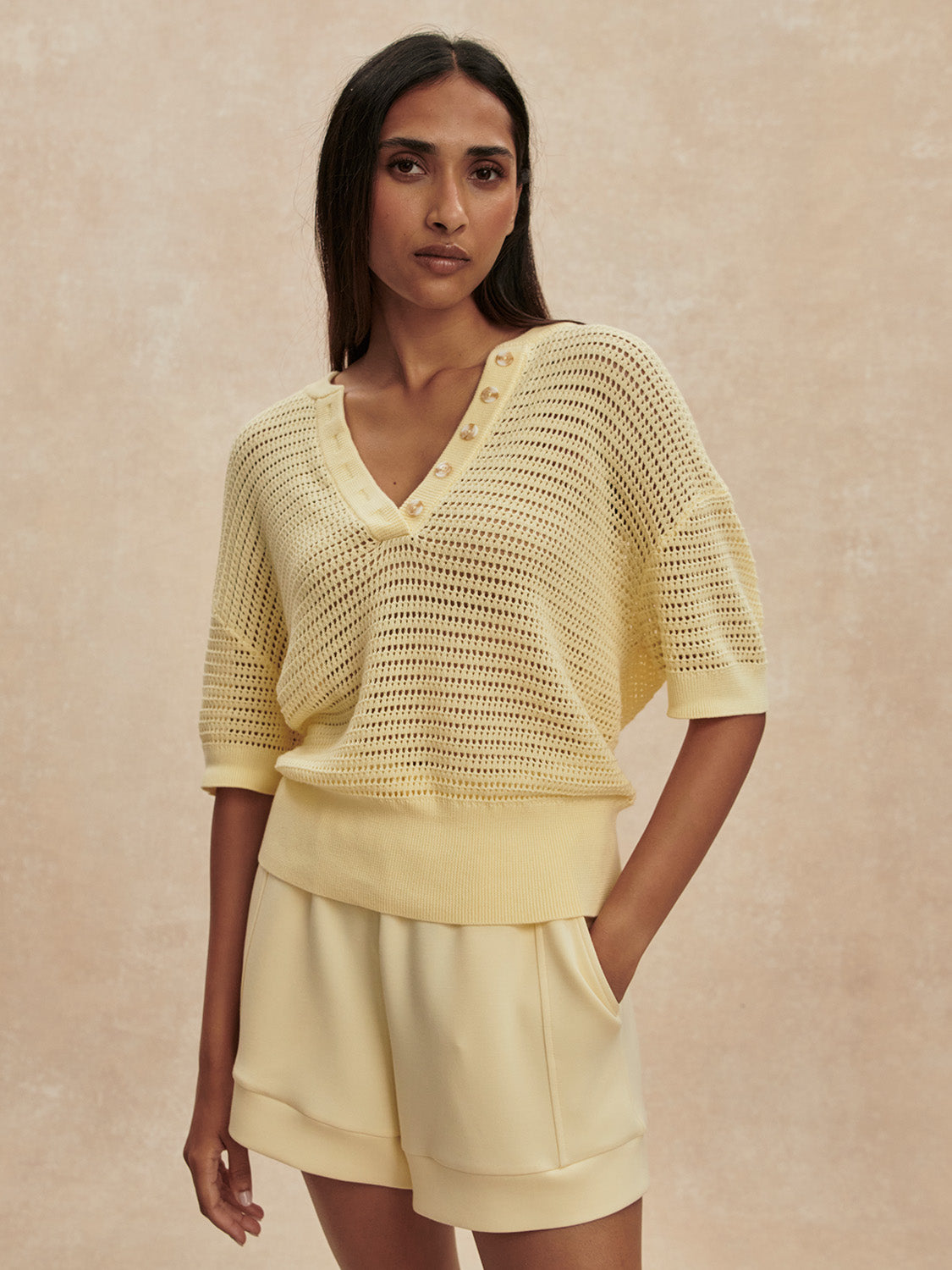 v neck crochet knit short sleeve pale yellow jumper from varley