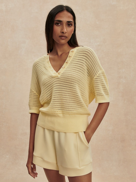 v neck crochet knit short sleeve pale yellow jumper from varley