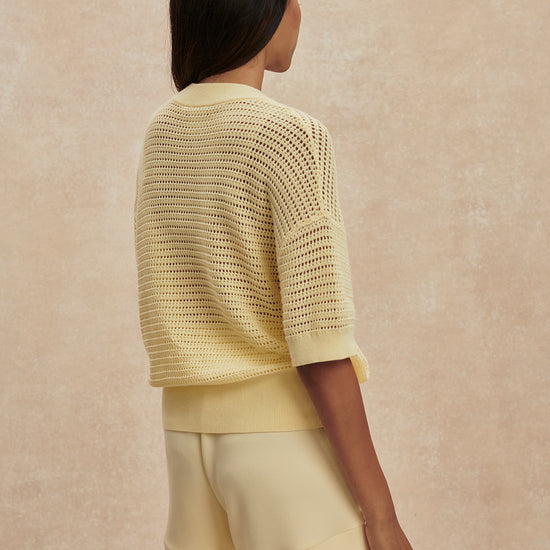 v neck crochet knit short sleeve pale yellow jumper from varley rear view