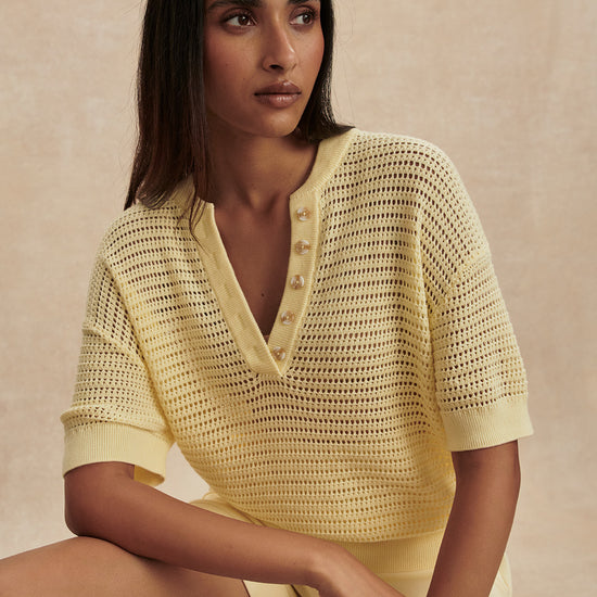 v neck crochet knit short sleeve pale yellow jumper from varley close up