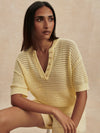 v neck crochet knit short sleeve pale yellow jumper from varley close up