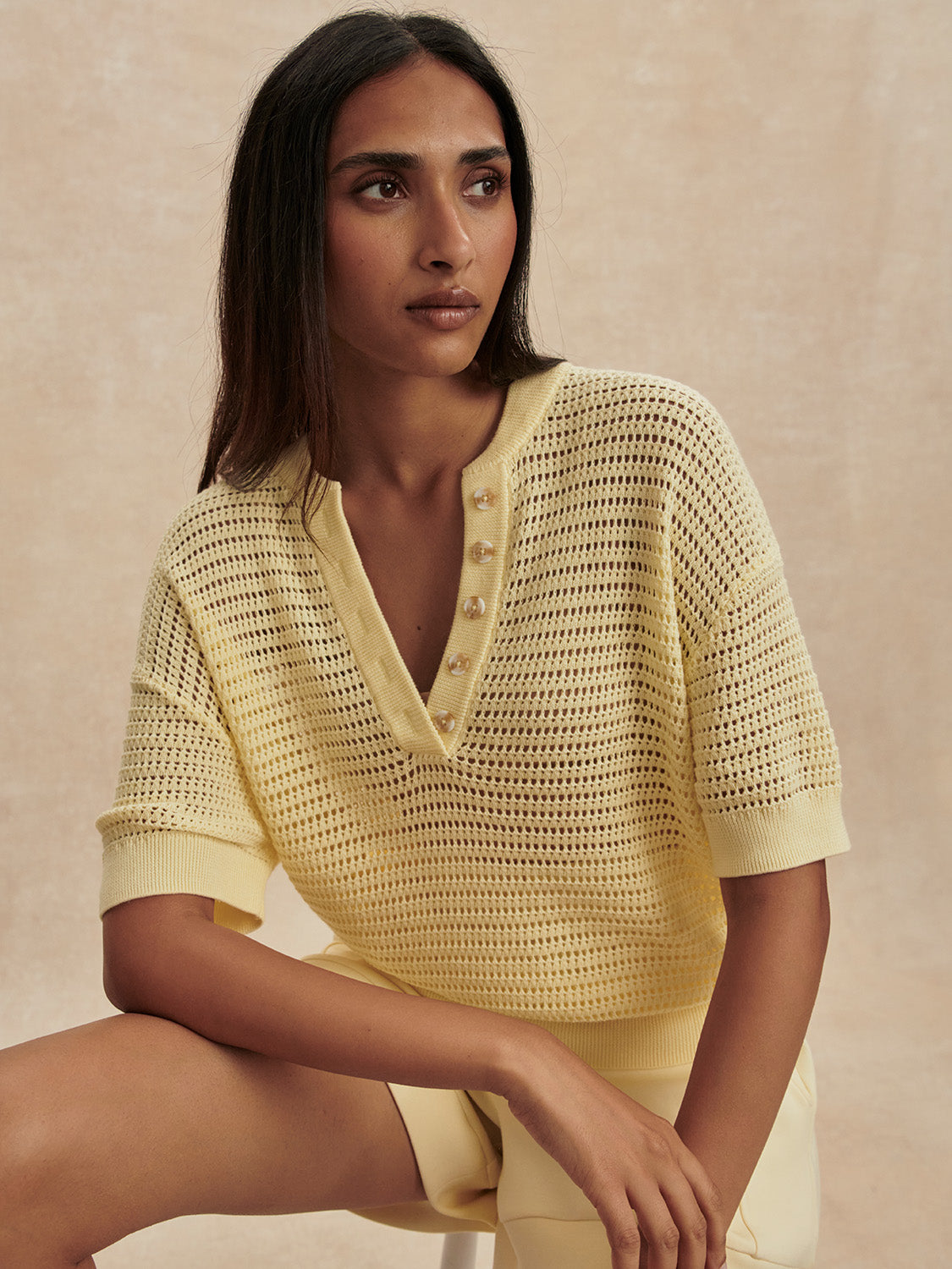 v neck crochet knit short sleeve pale yellow jumper from varley close up