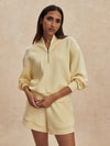 pale yellow jumper with half zip from varley model shot