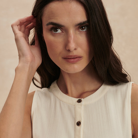 round neck button down ivory tank top from varley close up