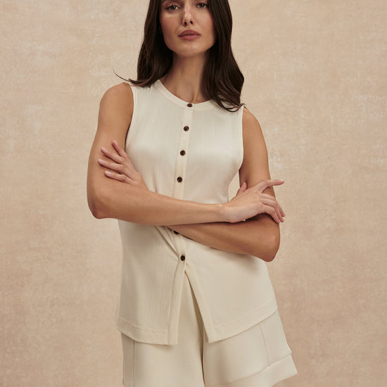 round neck button down ivory tank top from varley model shot