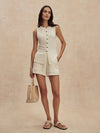 round neck button down ivory tank top from varley model shot