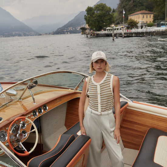 short sleeve round neck knitted button down tank top from varley model shot