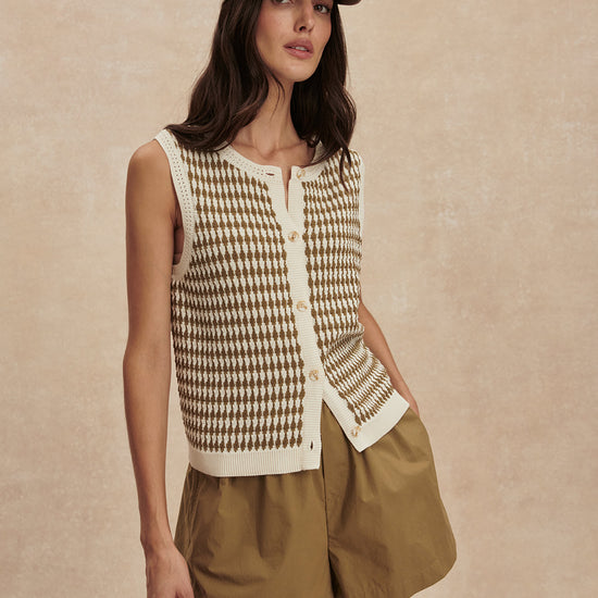 short sleeve round neck knitted button down tank top from varley model shot