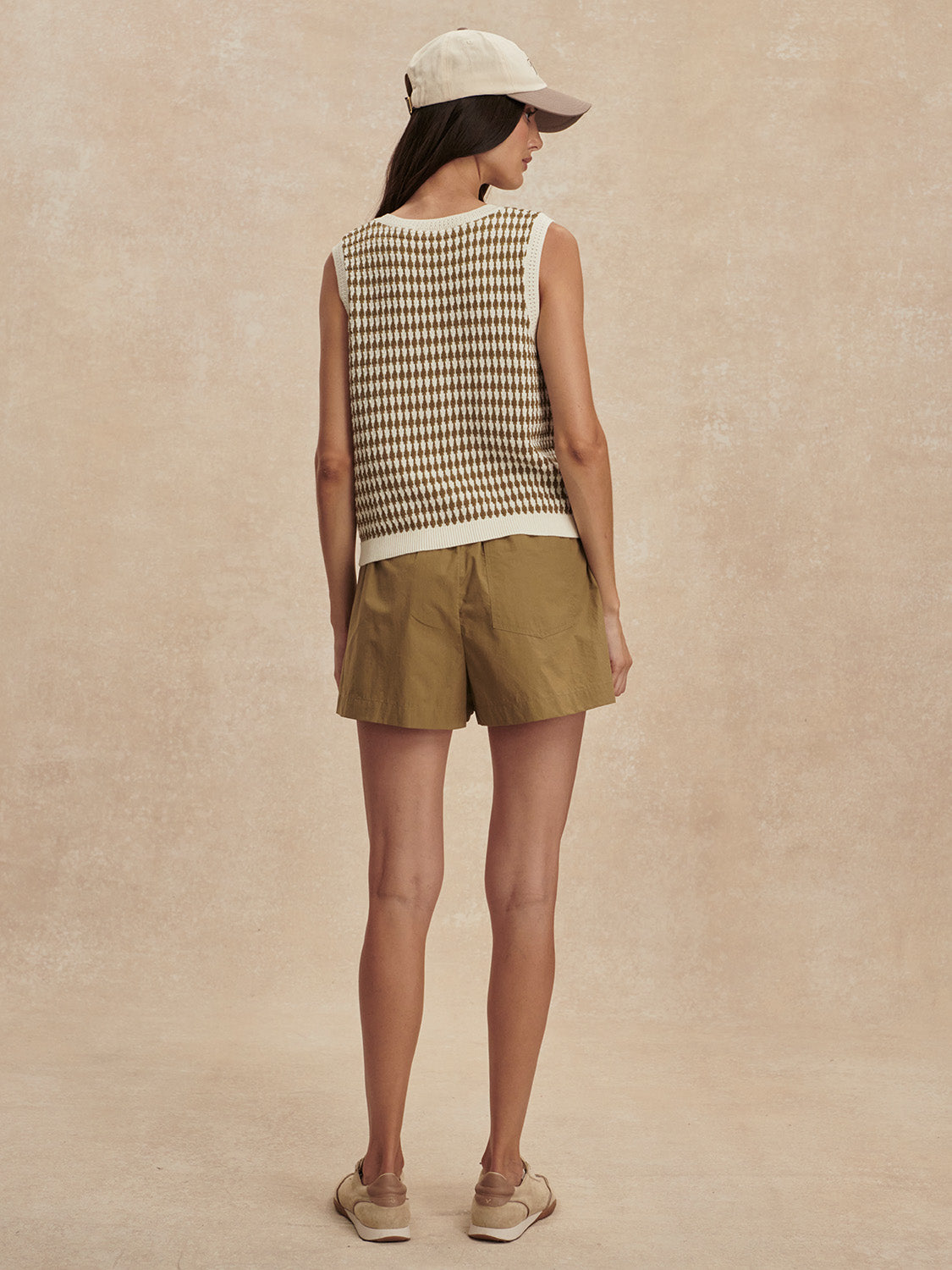 short sleeve round neck knitted button down tank top from varley rear view
