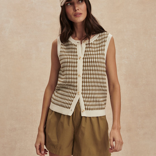 short sleeve round neck knitted button down tank top from varley model shot