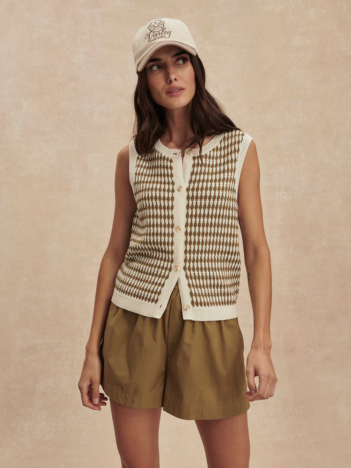 short sleeve round neck knitted button down tank top from varley model shot