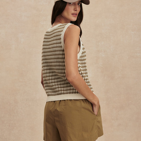 short sleeve round neck knitted button down tank top from varley rear view