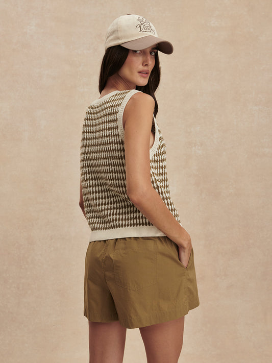 short sleeve round neck knitted button down tank top from varley rear view