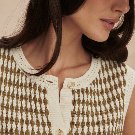 short sleeve round neck knitted button down tank top from varley close up