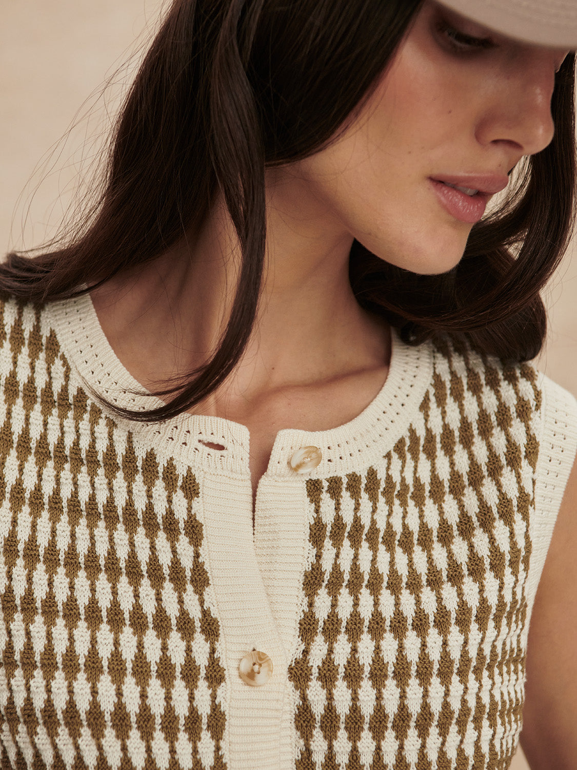 short sleeve round neck knitted button down tank top from varley close up