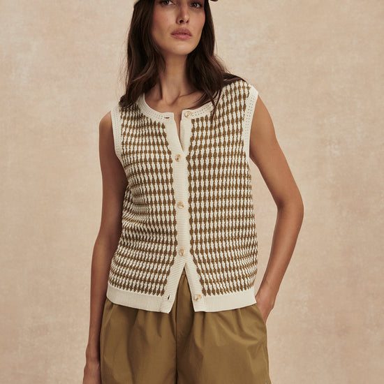 short sleeve round neck knitted button down tank top from varley