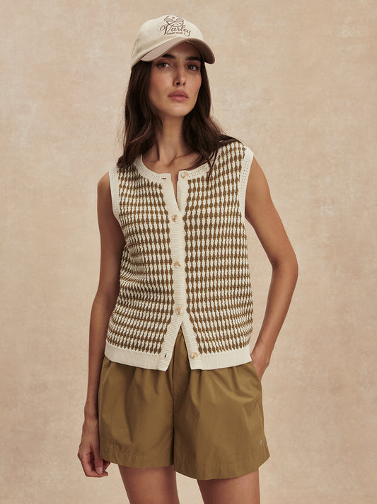short sleeve round neck knitted button down tank top from varley