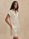 wide leg soft shorts beige with drawstring waistband from varley model shot